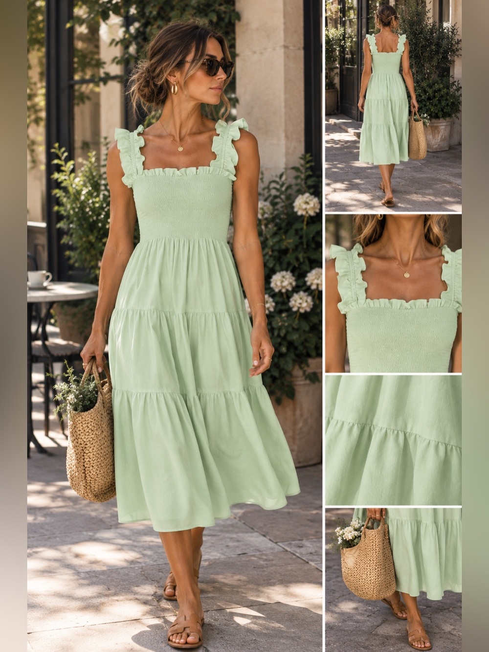 Amanda Uprichard Adelene Midi Dress XS Mint Green Ruffle Smocked